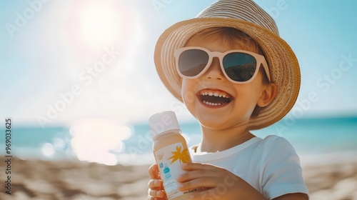 A child with a hat and sunglasses, holding a bottle of sunscreen with a big smile, bright sun shining down, sand and sea in the background, mood of joy and protection, warm and playful tones