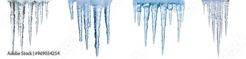 Hanging icicles with detailed frozen texture winter weather elements transparent background