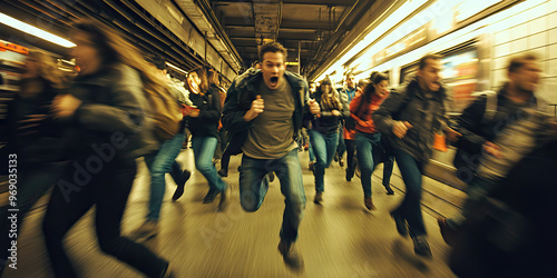 Frenzied Rush: A panicked group of people running through a bustling subway station.