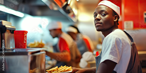 Stressed Out Staff: Employees working at a fast-food restaurant, trying to keep up with the lunch rush.