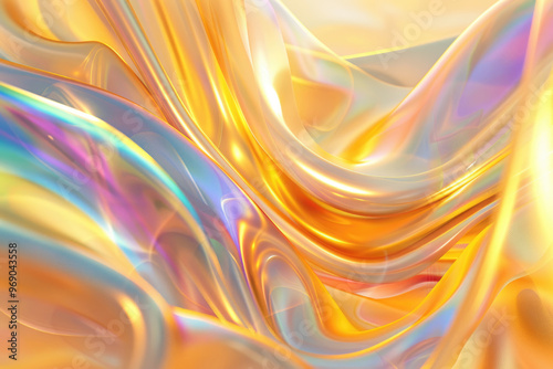 Soft waves of gold and iridescent colors undulate gently, reflecting bright light in a mesmerizing display at dawn