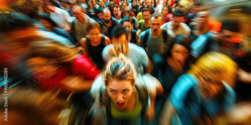 Hysteria at the Train Station: Passengers dart in all directions, trying to evade an unknown threat amidst the usual hustle and bustle.