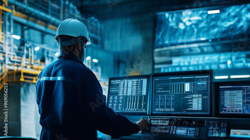 Engineers working at a hydroelectric dam, monitoring the flow of water and energy production on digital screens