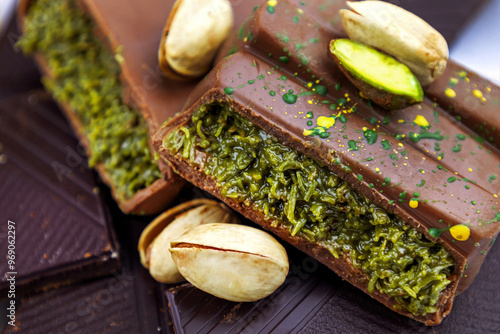 Dubai Chocolate bar with green kadayif and pistachio spread with pistachio nuts close up