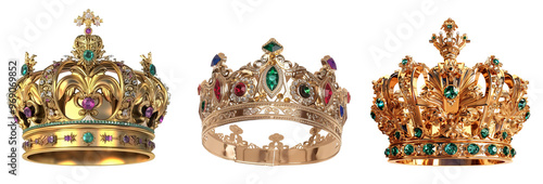 Three ornate crowns with intricate designs and colorful gemstones.