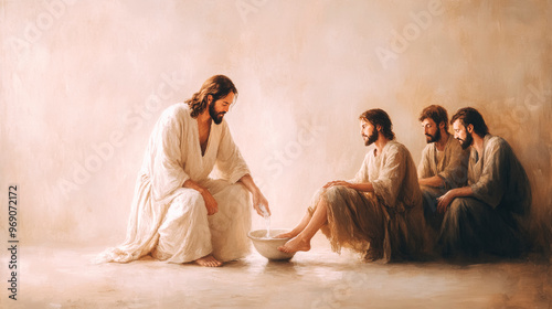 Spiritual Depiction of Jesus Washing Disciples' Feet in Biblical Scene