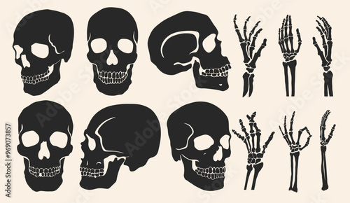 Set of skull, and bones black silhouette gothic icon. Halloween symbol, death concept. Human adult skull and hand anatomy. Structure of facial skeleton. Template spooky design flat vector illustration