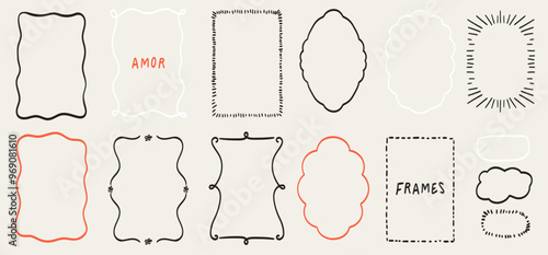 Doodle hand drawn trendy frame collection with swirls and wavy lines. Borders for wedding invitations, birthday card, lunch menus. Squiggly and wavy frame design. Minimalist line art decorations.