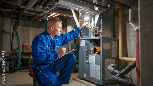 HVAC Technician Inspecting Furnace in Dimly Lit Basement