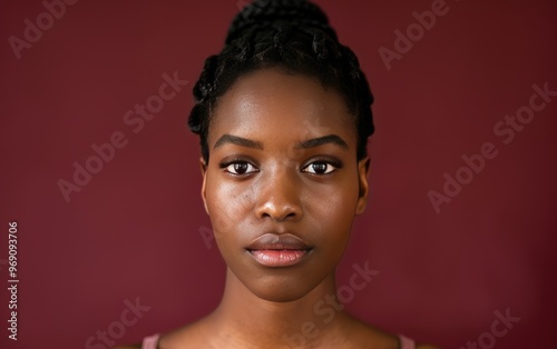 African American woman with a strong look, chin slightly lifted isolated on a burgundy background, JPG Portrait image.