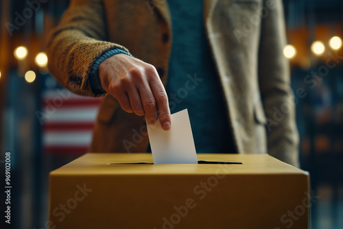 Hand of a person casting a vote into the elections ballot box, presidential election, voting, democracy ,democratic, republican, liberal, conservative