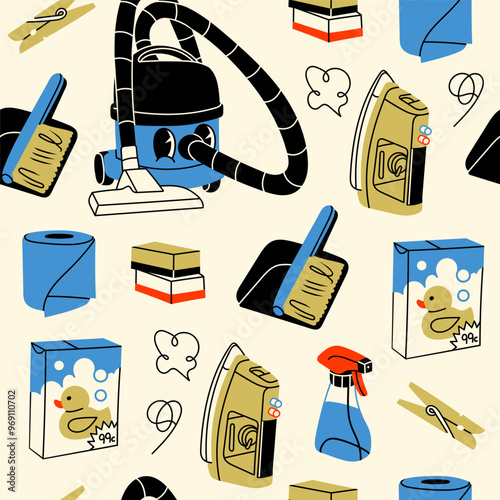 Various cleaning tools, household supplies. Vacuum cleaner, sponge, brush, detergent spray, iron, powder, toilet paper. Housework concept. Hand drawn Vector illustration. Square seamless Pattern