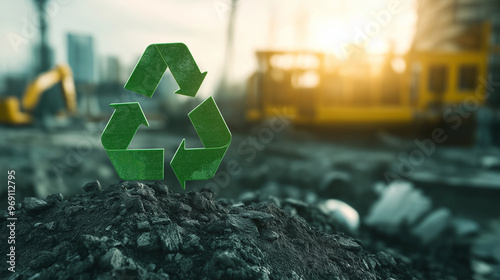 A circular economy icon with vibrant green arrows, set on a blurred background of a construction site, emphasizing the reuse of building materials.