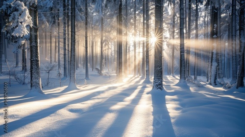 Sun Sunshine Sunlight Through Frosted Pine Trees Frozen Trunks Woods In Winter Snowy Coniferous Forest Landscape.