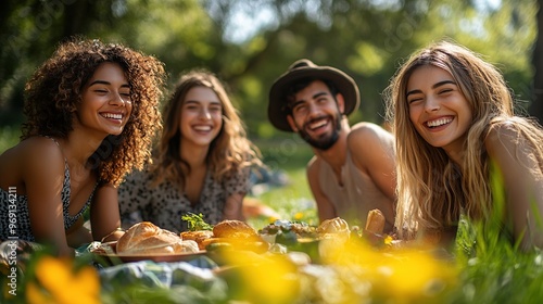 A diverse group of friends laughing together at a picnic in the park