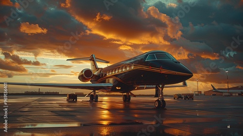 luxurious black and gold private jet airplane parked at the airport during a beautiful sunset, highlighting exclusive travel options for millionaires and billionaires