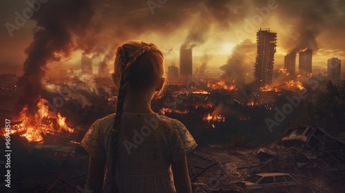 A little girl gazes at a burning city in the distance, symbolizing despair and apocalypse