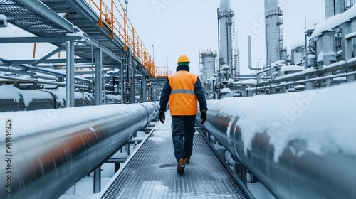  industrial plant with a worker in uniform walking along large pipes at an oil deep treatment service station on a winter day