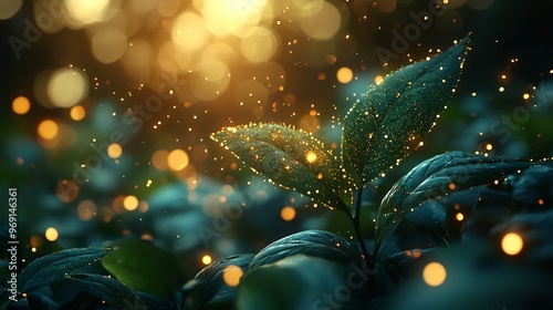 Semiabstract image of photosynthesis with glowing plants and swirling light particles symbolizing energy transformation from sunlight to life