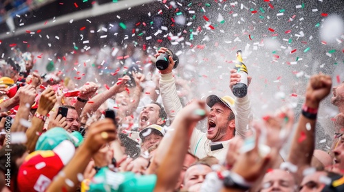 Victory Celebration. Male racer celebrating victory with champagne, surrounded by roaring crowd and confetti