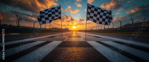 Two checkered flags standing proudly at the finish line, bathed in golden glow of setting sun, symbolizing culmination of thrilling race