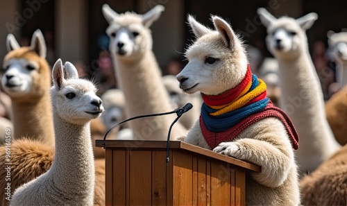 Llama giving speech at podium with herd in audience 