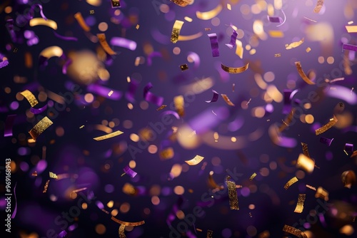 Purple and gold confetti explosion on dark background celebration festivity and glamour