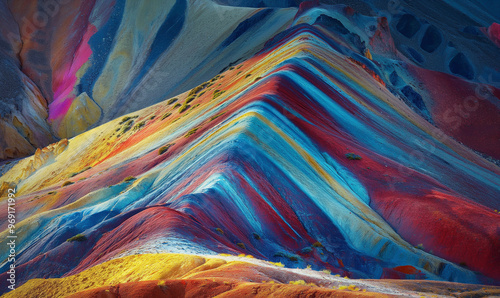 Red Rainbow Mountain in Peruvian Patagonia, blue sky, white clouds, panoramic view, colorful mountains, terraced peaks, beautiful scenery