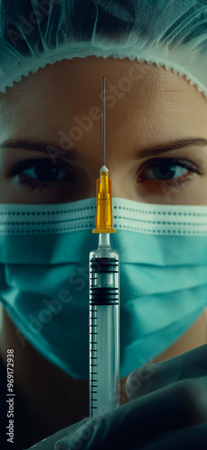 Doctor with a syringe. Doping concept. Vaccination background