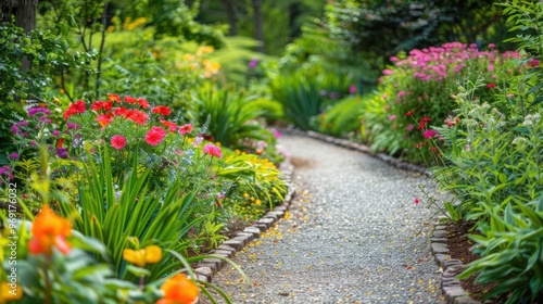 Colorful garden path with blooming flowers and lush greenery in a serene park