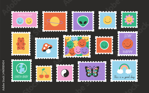 Fun cartoon post card stamp sticker set. Trendy doodle postage with flower, happy face and butterfly. Colorful vintage groovy art label, retro 90s emoticon postmark. 