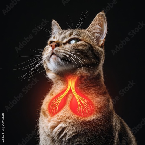 Cat's glowing red chest with tendons showing, symbolizing respiratory pain, cat chest, red glow, painful breathing depiction