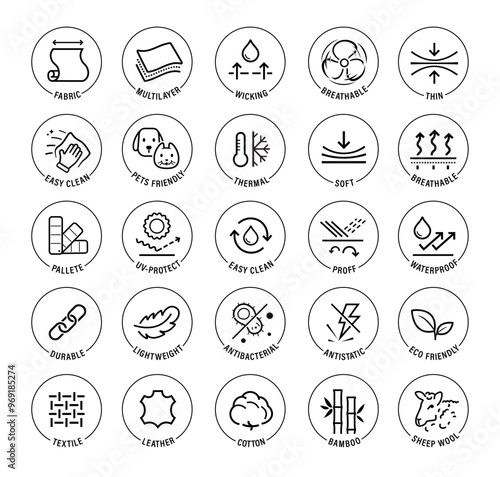 Set icons for functional fabric, clothing. The outline icons are well scalable and editable. Contrasting vector elements are good for different backgrounds. EPS10.