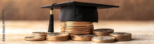 Graduation cap on top of a stack of coins, symbolizing investing in education, longterm financial returns, future career growth, knowledge as wealth