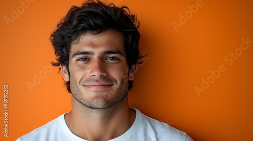 A mid-30s Latino man with short black hair and stubble smiles confidently against a warm orange background, with space for text on the left