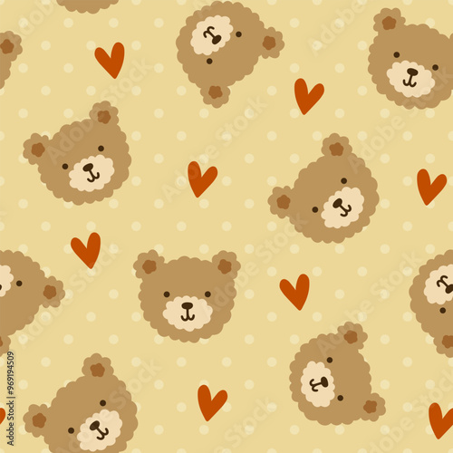 brown teddy bear cute hand drawn face with hearts and polka dot texture, pastel beige seamless pattern background