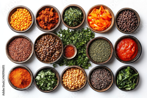 A vibrant assortment of spices and lentils arranged in bowls, showcasing rich colors and textures