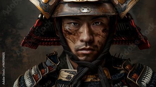 Close up portrait of a Japanese warrior wearing traditional armor, with a determined expression and mud on his face.