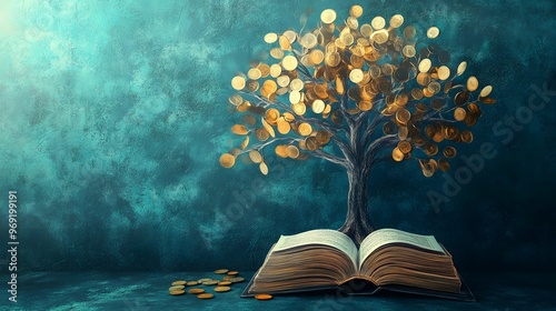 An artistic depiction of a tree made of golden coins growing from an open book, symbolizing knowledge, wealth, and financial growth.