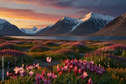 Wallpaper norway landscape nature of the mountains of Spitsbergen Longyearbyen Svalbard on a flowers polar day with arctic summer in the sunset Generative AI