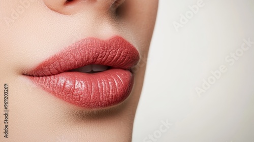 Close up of human lips featuring permanent makeup on a white background with space for text