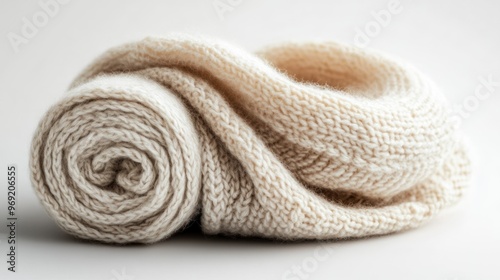 Creamy Knit Scarf Rolled Up on a White Background