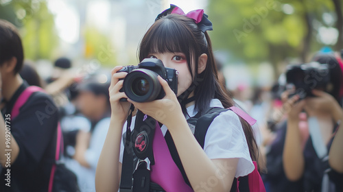 コスプレ会場でカメラを構える日本人女性カメラマン