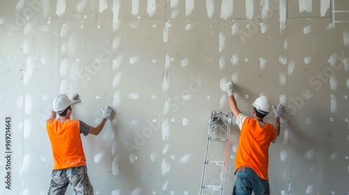 Construction Workers Installing Drywall in New Building