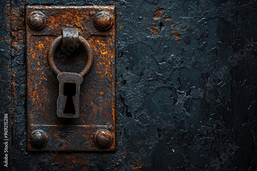 A close up of rusted metal lock with sinister keyhole evokes mystery