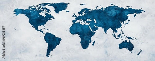 Artistic blue world map illustration on textured background, perfect for travel, education, and geography-related projects.