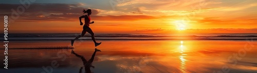 A silhouette of a runner in motion, with legs extended mid-stride as they race across a beach at sunset