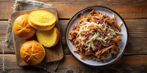 Top-down view of a plate of slow-cooked pulled pork with a side of cornbread and coleslaw, pulled pork