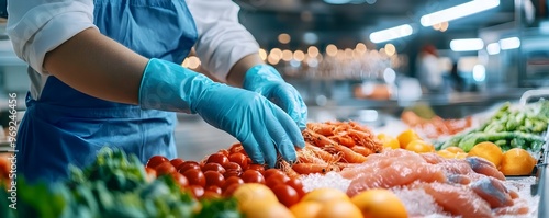 Worker in Safety Gear Reviewing Seafood Products for Potential Contaminants