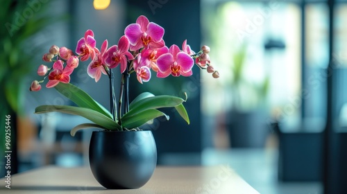 A vibrant orchid arrangement in a sleek black pot, enhancing the modern interior ambiance.